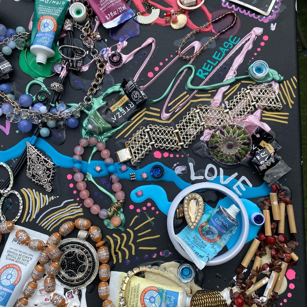 “Release & Rebirth” Colorful Original Artwork - acrylic + jewelry on canvas - Picture 2 of 11